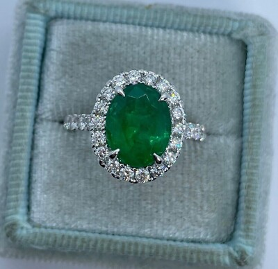 #ad Lab Created 2.40Ct Oval Cut Emerald Halo Engagement Ring 14K White Gold Plated