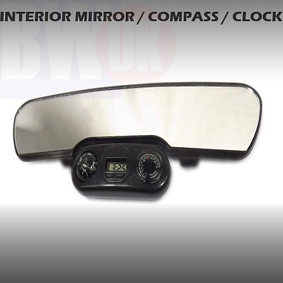 #ad CAR LARGE REAR VIEW MIRROR CLIP ON INTERIOR W CLOCK COMPASS THERMOMETER AC26