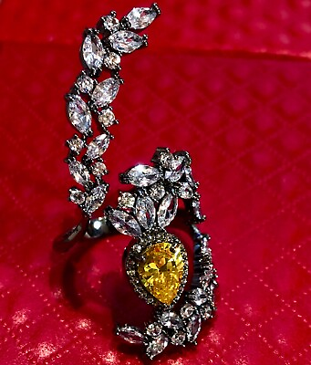 #ad 18k Black Rhodium Plated Yellow Citrine amp; Simulated Diamond Marquise Long Ring