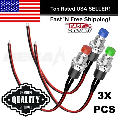 #ad 3X Red Blue Green SPST Mini Push Button Pre Wired N O Momentary Switch OFF ON