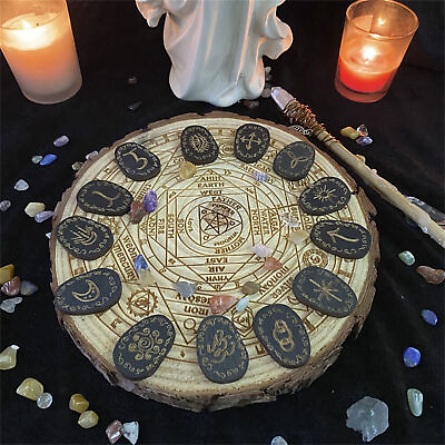 #ad Wooden Witches Runes Stone Set Engraved Rune Symbol For Meditation Divination
