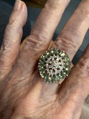 #ad Ring Sz 7.25 Big Vintage Beauty. Lt Green With White CZs. A Plus