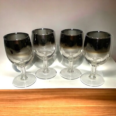 #ad Vintage set of 4 Wine Glasses Silver Tone Gradient Clear Glass Pedestal *READ*