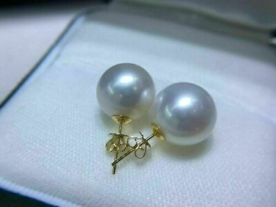 #ad AAAAA 11 10mm real natural round Akoya white pearl earrings 18K Yellow Gold