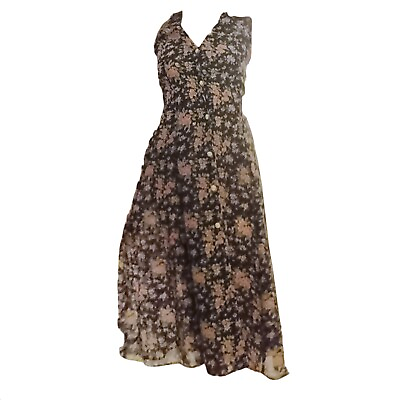 #ad Vintage Women#x27;s Long Maxi Dress Sheer Black Floral Button Down Ditsy Sun M