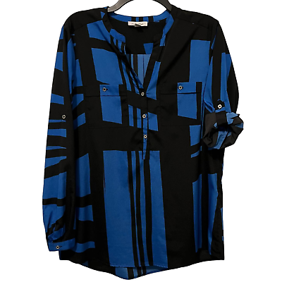 #ad Calvin Klein Blouse Roll Tab Sleeve Geometric Blue Black Medium