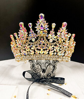 #ad Gold Wedding Crown Bridal Tiara Princess Crown Miss Universe Pageant Crown XL