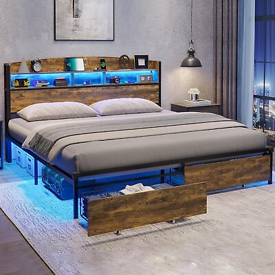 #ad King Size Bed Frame with Storage amp;LED Light Headboard Modern Metal Platform Bed