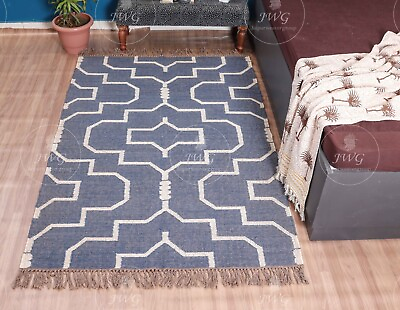 #ad Village Traditional Art Area Handmade Wool Jute with Fringes New Home Décor Rug