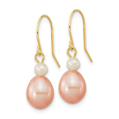 #ad 14K Yellow Gold 7 8mm White pink Round rice Freshwater Cultured Pearl Drop Da... $137.00