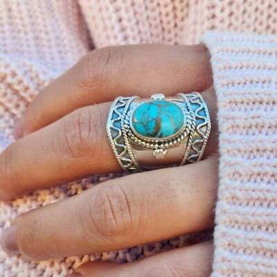 #ad Blue Copper Turquoise Ring 925 Sterling Silver Women Gift Handmade Jewelry A770