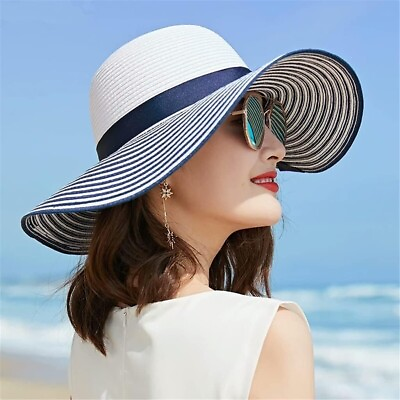 #ad Blue amp; White Striped Bowknot Summer Sun Wind Hat Women Straw Large Brimmed Hat
