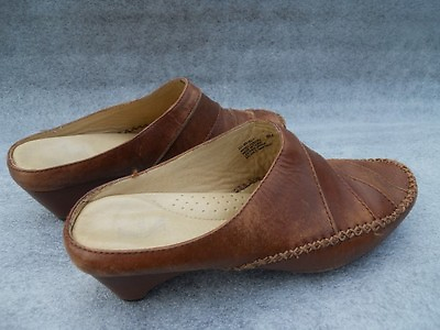 #ad Tan Beige Light Brown Leather Clog Heels Slides Mules Shoes Retro Bohemian Emo 8