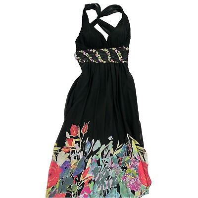 #ad LA FEMME Black Floral Beaded Waist Prom Maxi Gown Dress Cross Back Size 0 Flaw