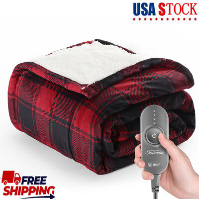 #ad US Microplush Sherpa Electric Heated Throw Blanket Red and Black Buffalo Plaid
