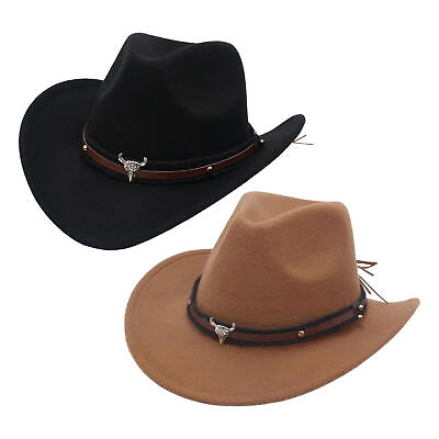 #ad Cowboy Hats Outdoor Wide Brim Hat with Strap Monochrome Felt Hats for Men $16.39