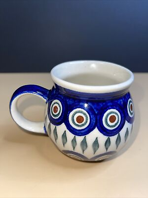 #ad WIZA Polish Pottery Mug Bubble Cup Small Royal Peacock Poland 50 Cobalt Blue