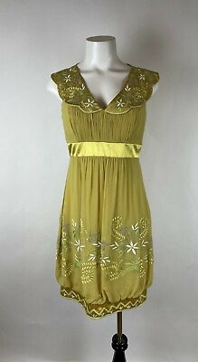 #ad SUE WONG 100% Silk Mustard yellow gold Embroidered Scallop floral Sheath Dress 6