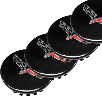#ad Wheel Center Caps Gloss Black For Corvette C7 C6 Cross Flag 68mm 20940125