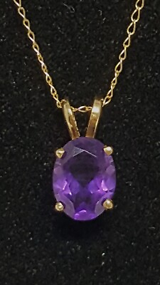 #ad 14K Yellow Gold Amethyst Pendant 10k Necklace 18quot; Chain Oval Purple Gemstone