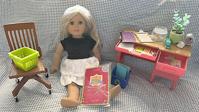 #ad 18quot; American Girl Doll w Blonde Hair amp; Blue Eyes Case Desk Chair amp; Accessories