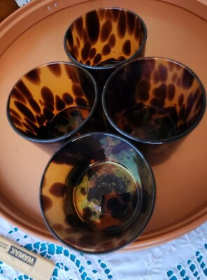 #ad 4 SHORT GLASSES AMBER LEOPARD TORTOISES SHELL MOUTH BLOWN 3.5quot; TALL×3.5quot; RIM