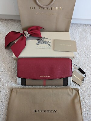 #ad BNWT Burberry Porter Continental Flap Purse Wallet House Check Red Calfskin £580
