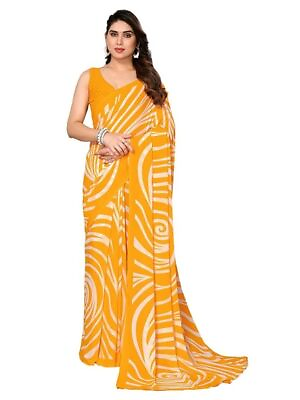 #ad Women#x27;s New Yellow Plain Geometric Printed Saree with Unstitch Blouse Piece