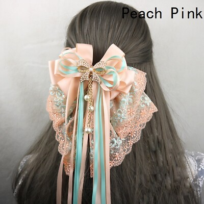 #ad Lolita Girls Hair Clip Hairpins Headwear Lace Bowknot Beaded Pendant Sweet Retro