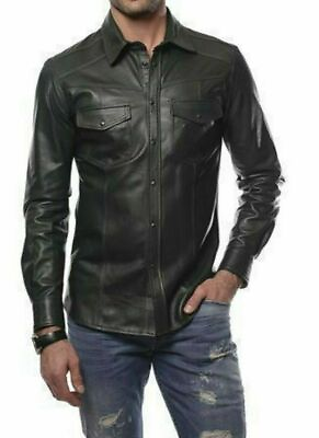 #ad Men#x27;s Leather Shirt Sheepskin Black Leather Full Sleeve Shirt Slim Fit Jacket