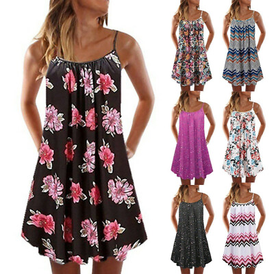 #ad Womens Boho Floral Smocked Mini Dress Ladies Summer Halter Swing Pullover Dress