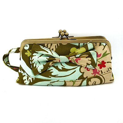 #ad Two sided Retro Hand Wristlet Purse Wallet Floral Design Green Kiss Lock Style