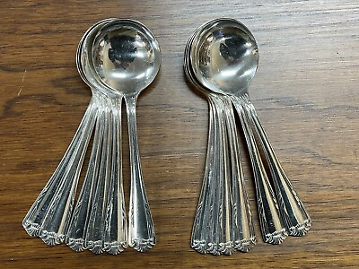 #ad Set 12 Oneida Rogers FERNCLIFF Silverplate Hotel Plate Round Bowl Soup Spoons