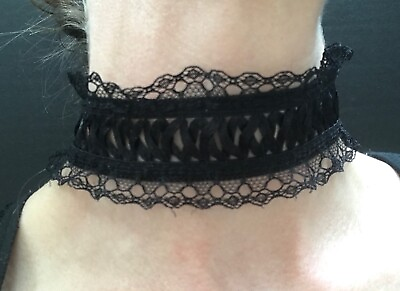 #ad Handmade Corset Necklace Black Lace Choker Lace Up Stretch Goth Wedding Cosplay