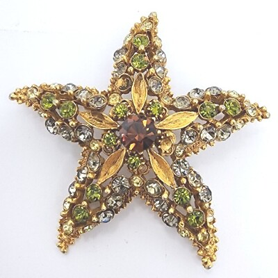 #ad FLORENZA Goldtone Starfish Multicolored Rhinestone Vintage Brooch Pin