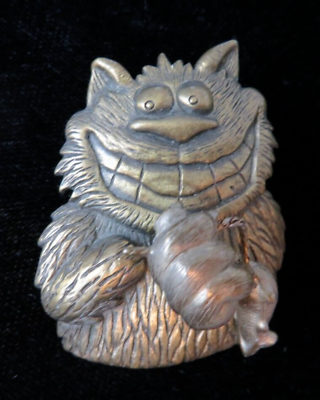 #ad Vintage JJ Signed FUN Cheshire CAT Articulated Tremblant Holding MOUSE BROOCH