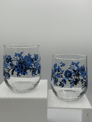 #ad Cristar Mikonos Blue Floral Stemless Wine Glasses 15.5 Oz Set Of 2 Kitchenware