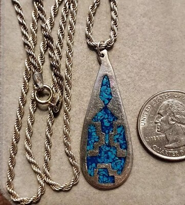 #ad VTG 925 Sterling Silver Genuine Turquoise Pendant Necklace 20quot; Rope Chain 18g