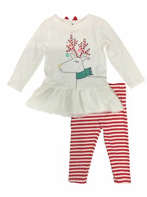#ad Infant amp; Toddler Girls White Reindeer Top amp; Red Striped Legging Holiday Set 3T $22.99