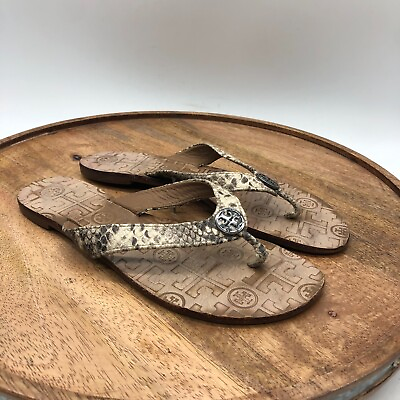 #ad Tory Burch Sandals Womens Size 7 Thora Snake Print Thong Flip Flop Tan Leather $34.77