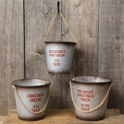 #ad Holiday bucket set with handles in distressed metal SALE