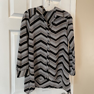 #ad Dana Buchman Womens Blouse Pretty Black Tan Striped Print Button blouse Size S