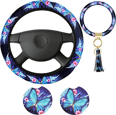 #ad Butterfly Steering Wheel Cover Women Car Accessories Set with Car Cup Pad and Ke