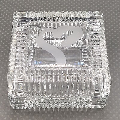 #ad Etched Heart Square Crystal Two Piece Trinket Vanity Dresser Jewelry Dish Box