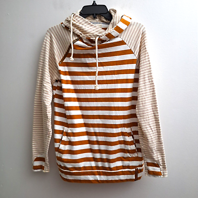 #ad AMPERSAND AVENUE Womens Pullover Hoodie Top MED Brown White Stripes Thumbholes