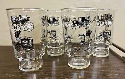 #ad Vintage Libbey Glass Set Of 4 MCM Black amp; Gold Horseless Carriage Footed Tumbler