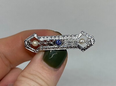 #ad Vintage 14k White Gold Sapphire amp; Pearl Bar Pin SIGNED United Jewelers Inc