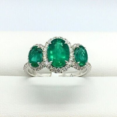 #ad Lab Created 3.20CT Oval Cut Emerald Halo Ring 14K White Gold Plated 925 Silver