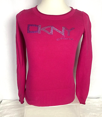 #ad DKNY Jeans Logo Rhinestone Sweater Womens M Pink Long Sleeve 99% Cotton