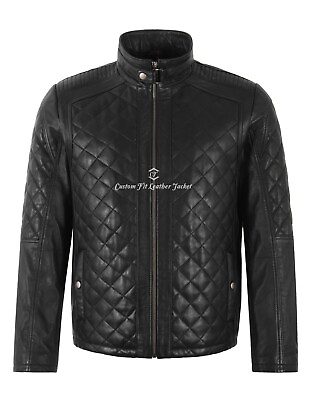 #ad Men#x27;s Real Leather Black Classic 70#x27;s Retro Diamond Shape Style Fashion Jacket